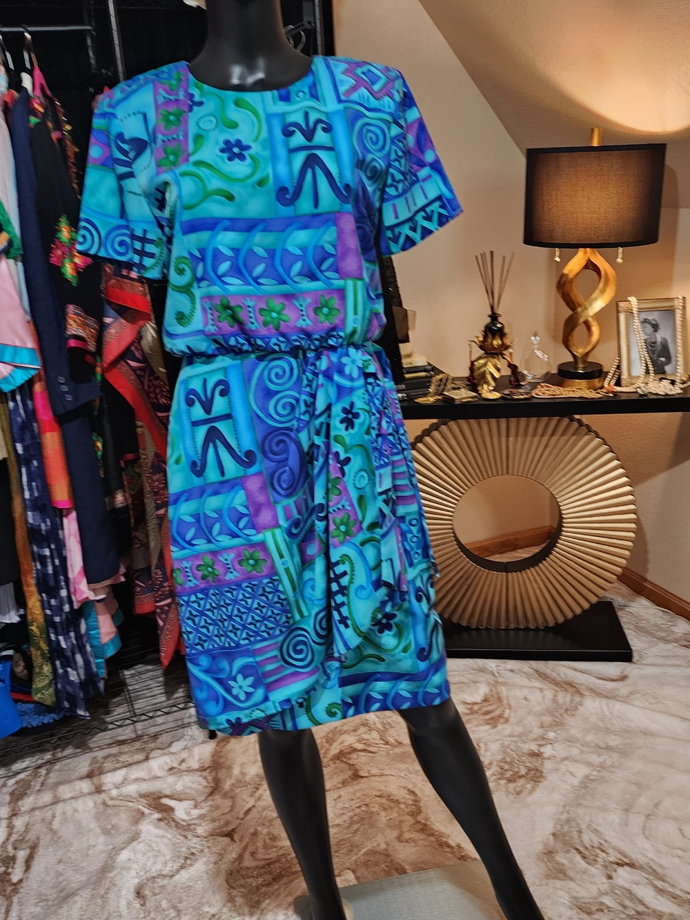 J. Stevens Vintage 80s Teal, Blue & Purple Printed Tie-Waist Midi Dress